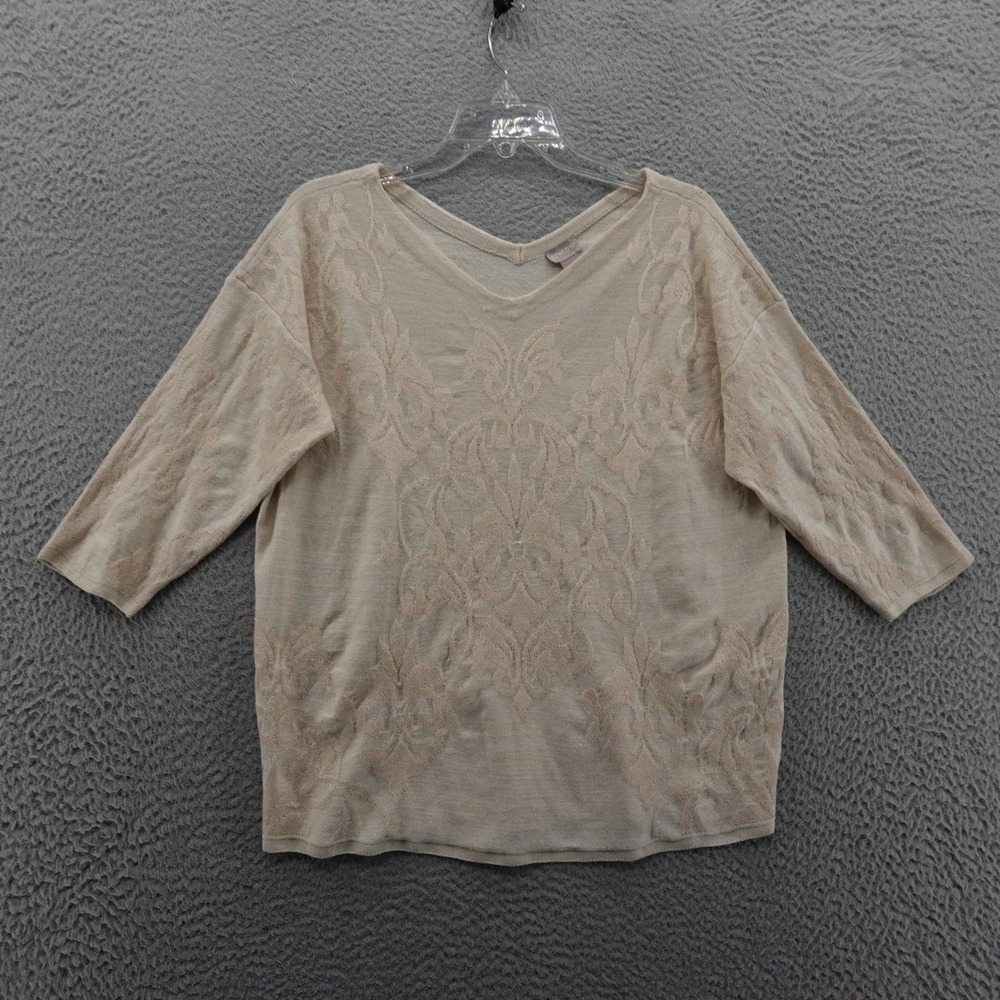 Chicos Double VNeck Baroque Sweater Size 2 Large Beige Floral Womens Lightweight